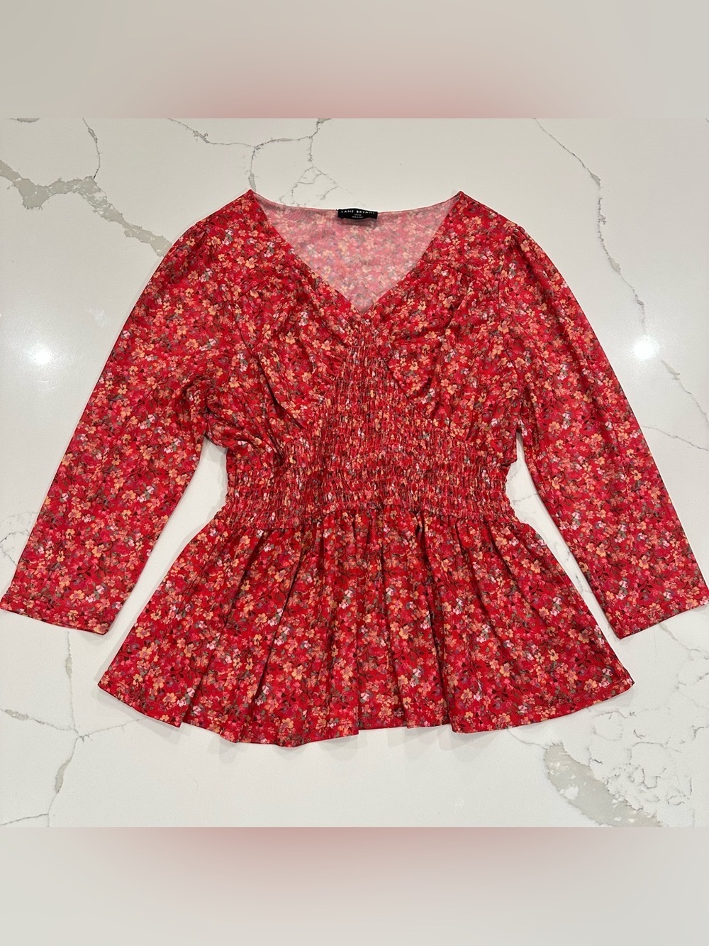Lane Bryant Red Floral Smocked Mesh Peasant Top 14 / 16 Ruffle Dainty Feminine